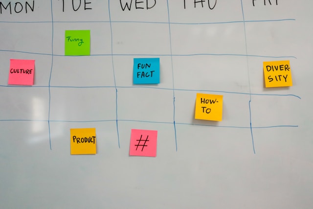 “Colourful sticky note weekly schedule on whiteboard representing spaced repetition and active recall strategies used to teach times tables effectively at James An College Eastwood.”