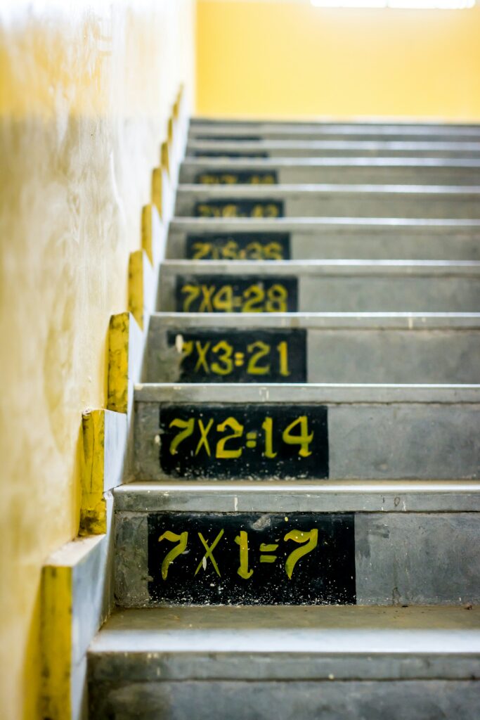 “Creative multiplication staircase showing how small steps lead to mastery in maths.”