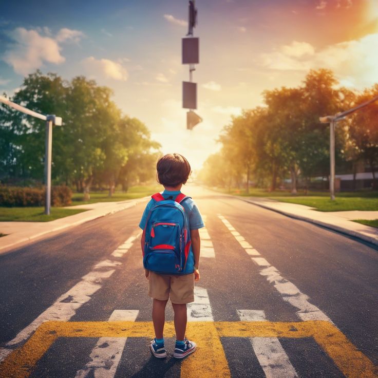 Child with backpack standing at a crosswalk at sunrise, symbolising curiosity and the beginning of a learning journey — supporting the concept of how to help children to enjoy learning through motivation.